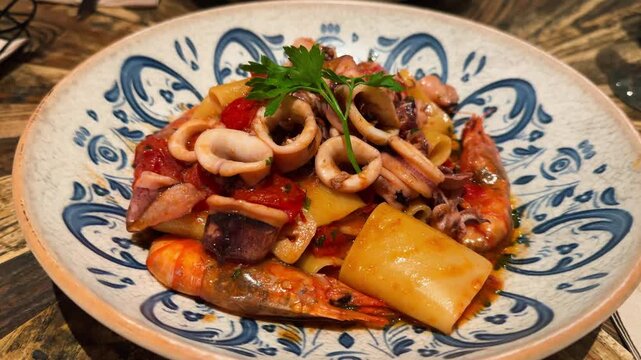 Mezzi paccheri pasta with seafood, squid, large shrimp in a tomato sauce with herbs, close-up.