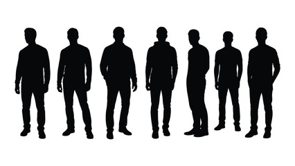 A row of seven male silhouettes stands against a white background all in similar casual poses © MDRABBI
