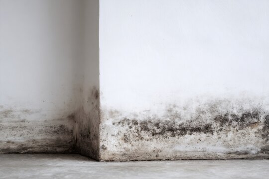 Black mold growing on a damp white wall in a corner. Water damage and moisture problem in a house basement. Fungal infestation background with copy space