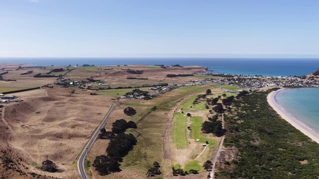 Highfield historic site estate over Stanley township on Tasmanian North West coast &ndash; aerial panorama.