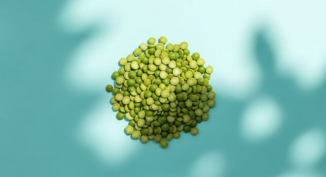 Pile of dried green split peas on a teal background with dappled light shadows, healthy food ingredient
