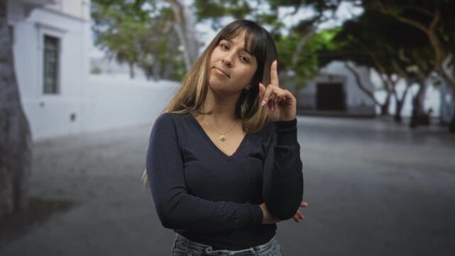 Young woman pointing index finger with crossed arms in a street courtyard by a white building and trees, wearing necklace and casual sweater; confidence assertiveness authority.