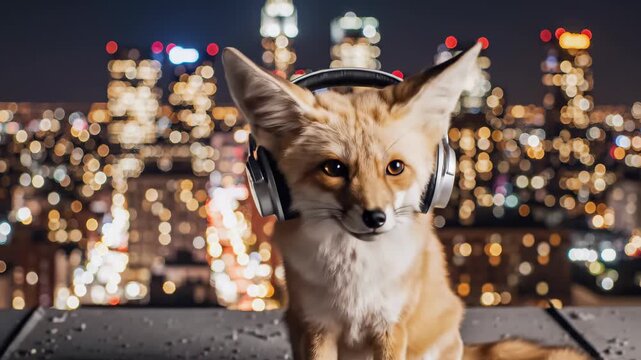 Fennec Fox with Headphones on Rooftop Overlooking City at Night.