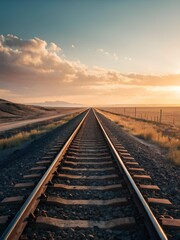 Obraz premium Straight railway track extending into horizon with dry grass, dirt road, distant mountains and warm sunset sky, symbolizing journey, direction, perspective and infinity