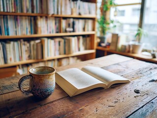 Naklejka premium Open book and ceramic coffee mug on a rustic wooden table in a library