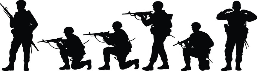 Naklejka premium Silhouette illustration of soldiers in tactical combat positions, showcasing readiness, discipline, battlefield awareness, military gear, defense posture, and armed movement.