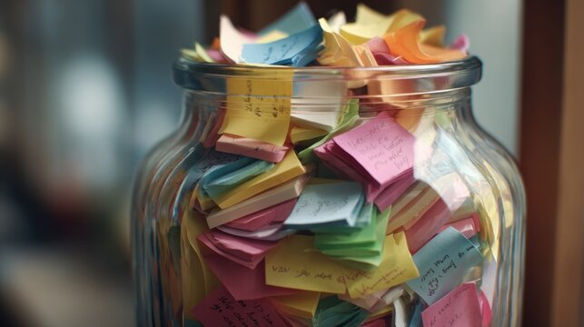 Glass jar filled with colorful sticky notes in various pastel and bright colors, showcasing a creative and organized workspace
