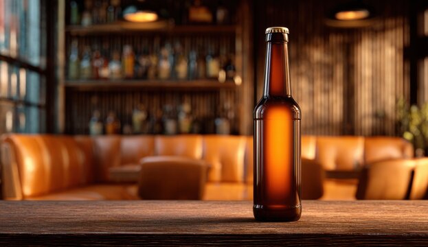 Amber beer bottle with a blank white label on a wooden surface inside a rustic bar or pub setting