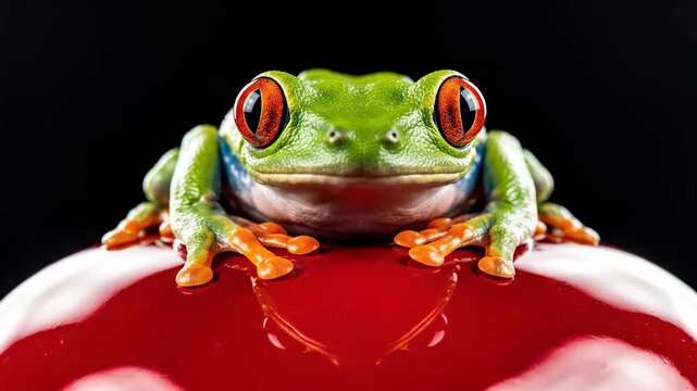 Red Eyed Tree Frog Perched on a Mushroom.