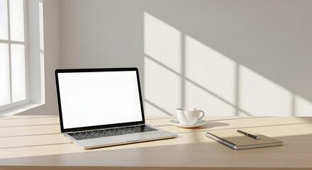 Fototapeta premium Minimalist sunlit home office desk with blank laptop screen, coffee, and notebook for remote work