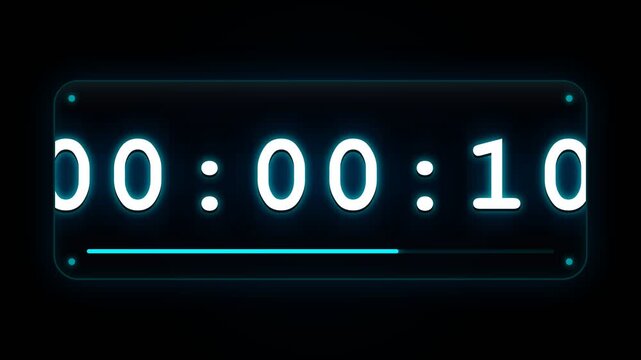 A glowing digital timer displaying ten seconds with a progress bar and futuristic teal illumination, perfect for presentations, technology concepts, and gaming interfaces, emphasizing countdown
