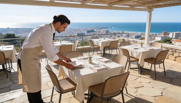 Male waiter setting table on outdoor restaurant terrace with ocean view. Hospitality operations concept. Professional server preparing dining area for guests