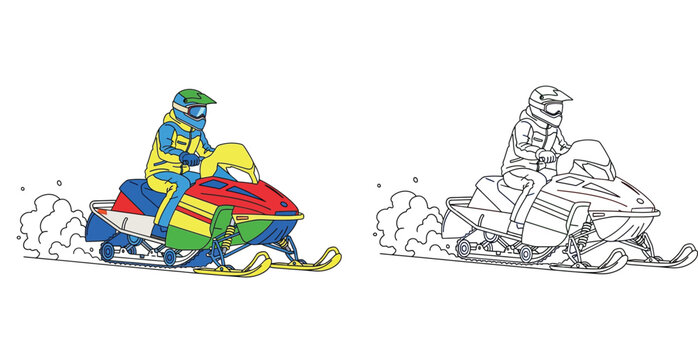 Vector illustration of a snowmobile rider in winter, featuring both a colorful flat design and a black and white line art coloring page version.