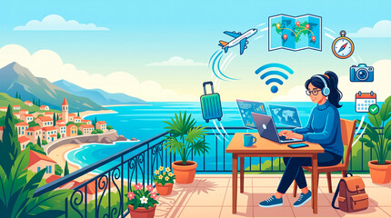 Fototapeta premium Woman working remotely on a laptop with a beautiful coastal town view