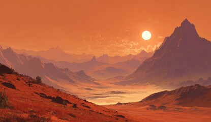 Naklejka premium Concept art of an alien planet with a vast red desert, rugged mountainous terrain, and a luminous white sun in a vibrant, otherworldly sky