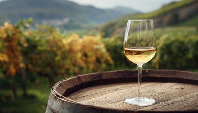 Glass of white wine on an old wooden barrel in vineyard landscape with rolling hills and green foliage