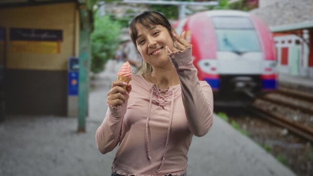 Young woman holding pink ice cream cone and making a finger heart gesture at a train platform building, smiling and winking; playful youthful joy.