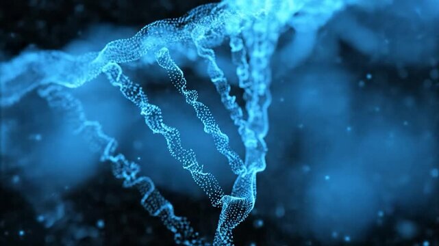 Abstract Blue DNA Helix Structure Floating in Dark Space with Particles.