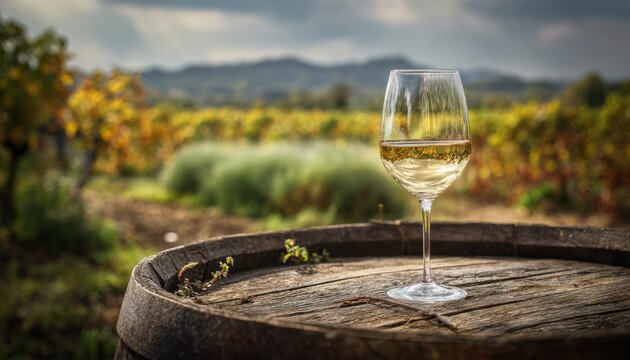 Glass of white wine resting on an old wooden barrel in a vineyard landscape