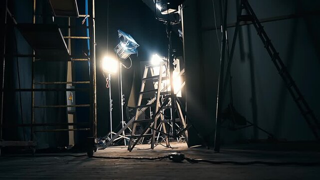 Empty film set illuminating equipment for video production, studio lights and ladders in motion.