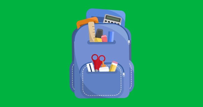 Animation of school backpack with school materials icon on black background