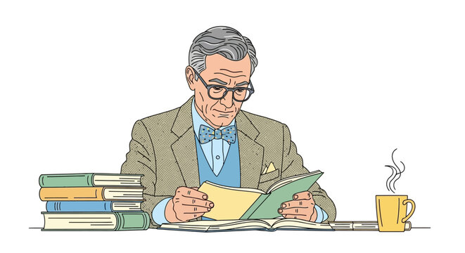 Older man reading a book.