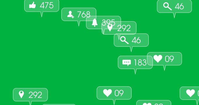 Animation of social media icons with numbers on grey banners over black background