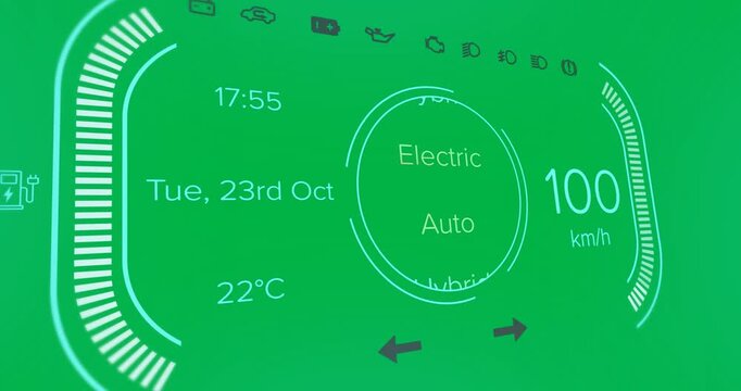 Animation of interface with speedometer and power and energy icons on blue background