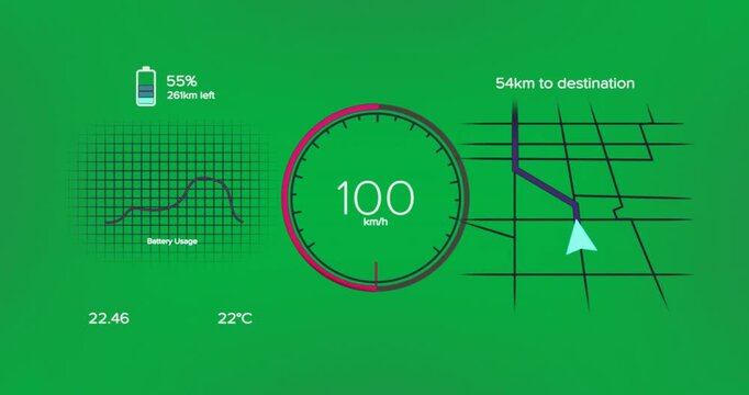 Animation of interface with speedometer and power and energy icons on red background
