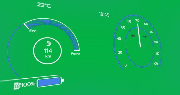 Animation of interface with speedometer and power and energy icons on blue background