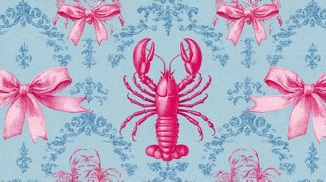 Ocean beach pattern features pink lobsters, coquette bows, and ribbons. This summer damask print creates a cute coastal background with female rhombus designs.