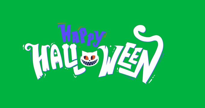 Animation of halloween greetings and crazy cat head on white background