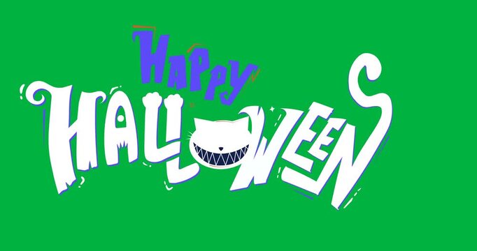 Animation of halloween greetings and crazy cat head on white background