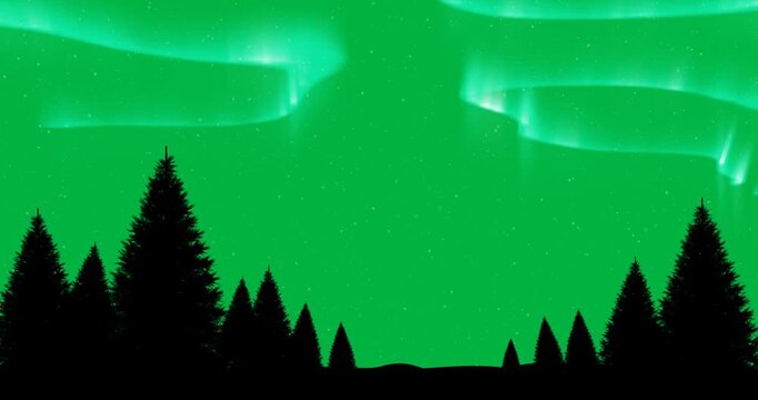 Animation of aurora borealis glowing over fir trees