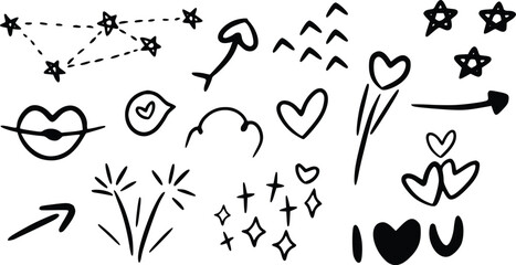 Obraz premium Hand-drawn doodles of stars, hearts, arrows, and lips, perfect for graphic design and creative projects