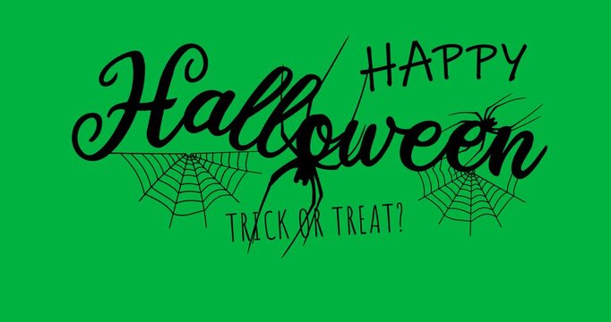 Animation of happy halloween trick or treat and spider webs on white background