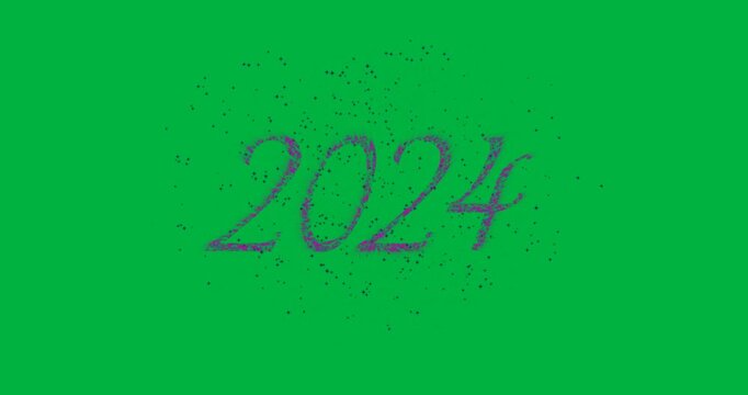 Animation of 2024 and purple fireworks exploding on white background