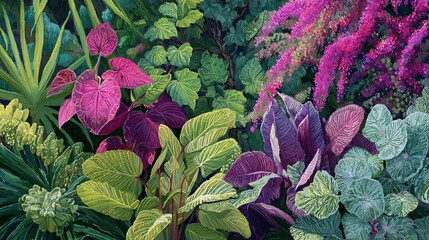 Naklejka premium Plants and blooms create a lively jungle look. Bright greens, purples, and pinks fill the scene, showing off detailed leaves and vivid colors.