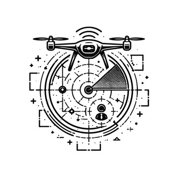 Futuristic Drone Technology Radar Navigation System with Connected Person Icon and Abstract Blueprint Grid