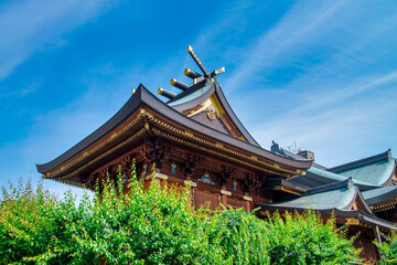 Fototapeta premium Historic Tokyo temple nestled amidst modern skyscrapers, creating a striking contrast between tradition and urban life