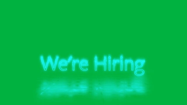 Animation of we're hiring text in pink neon letters on white background