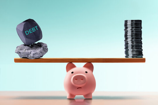 Piggy bank balancing savings and debt financial risk concept