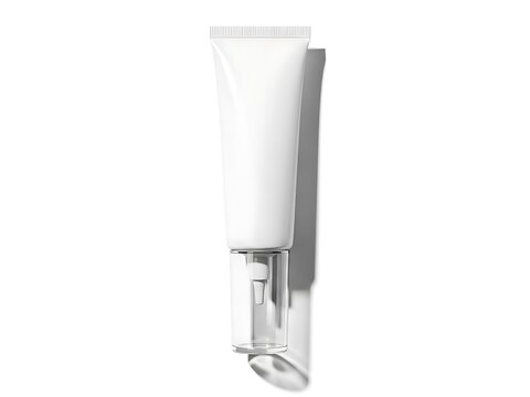 The white cosmetic tube stands upright on a surface with its cap off.