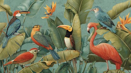 Obraz premium Colorful birds, like emperor birds of paradise and flamingos, rest on banana leaves, creating a vibrant tropical scene on a textured paper.
