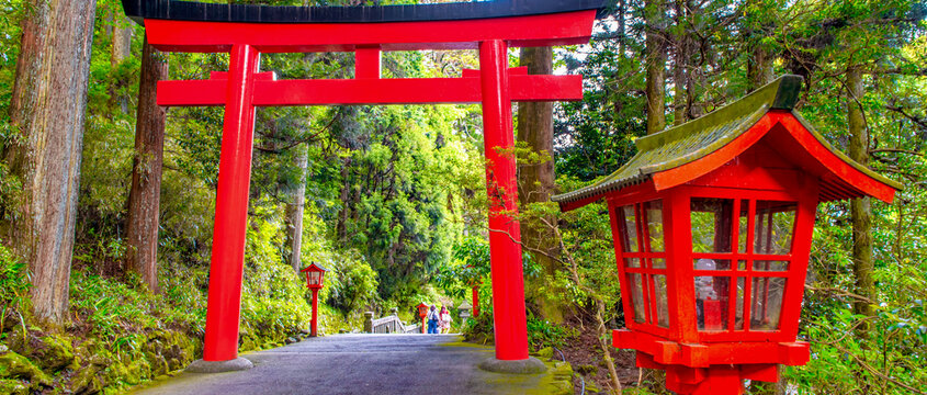 The red torii gate leading to Lake Ashi of Hakone Shrine in Motohakone, Hakone-machi