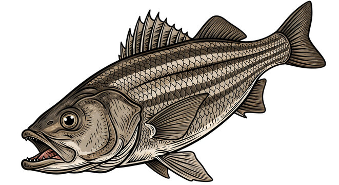 A highly detailed black and white etching illustration depicting a striped bass swimming in water illustration