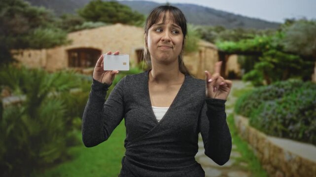 Woman holding white creditcard with thumb to chest, skeptical expression on a stone path beside a building; doubt.