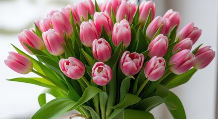 Fototapeta premium Close-up of fresh pink tulips in a green vase, soft light, natural background, flowers bouquet