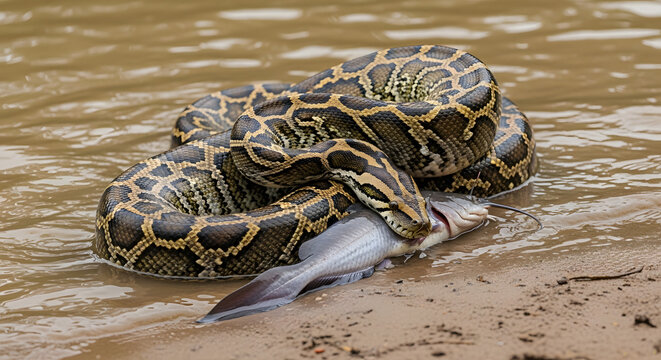 Burmese Python Eating Catfish in Shallow Muddy Water