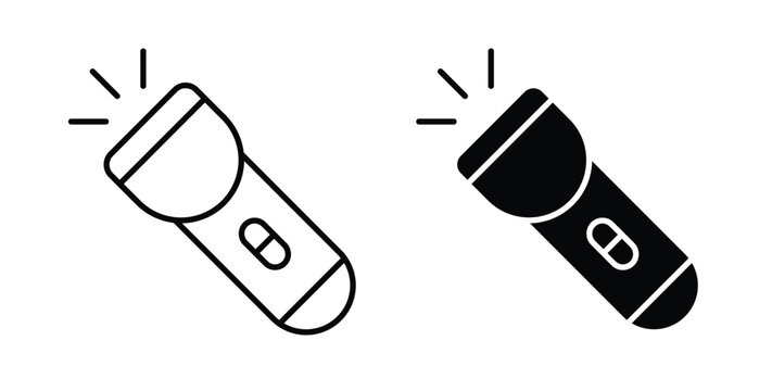 Flashlight icon in black and white color. Solid and linear icons